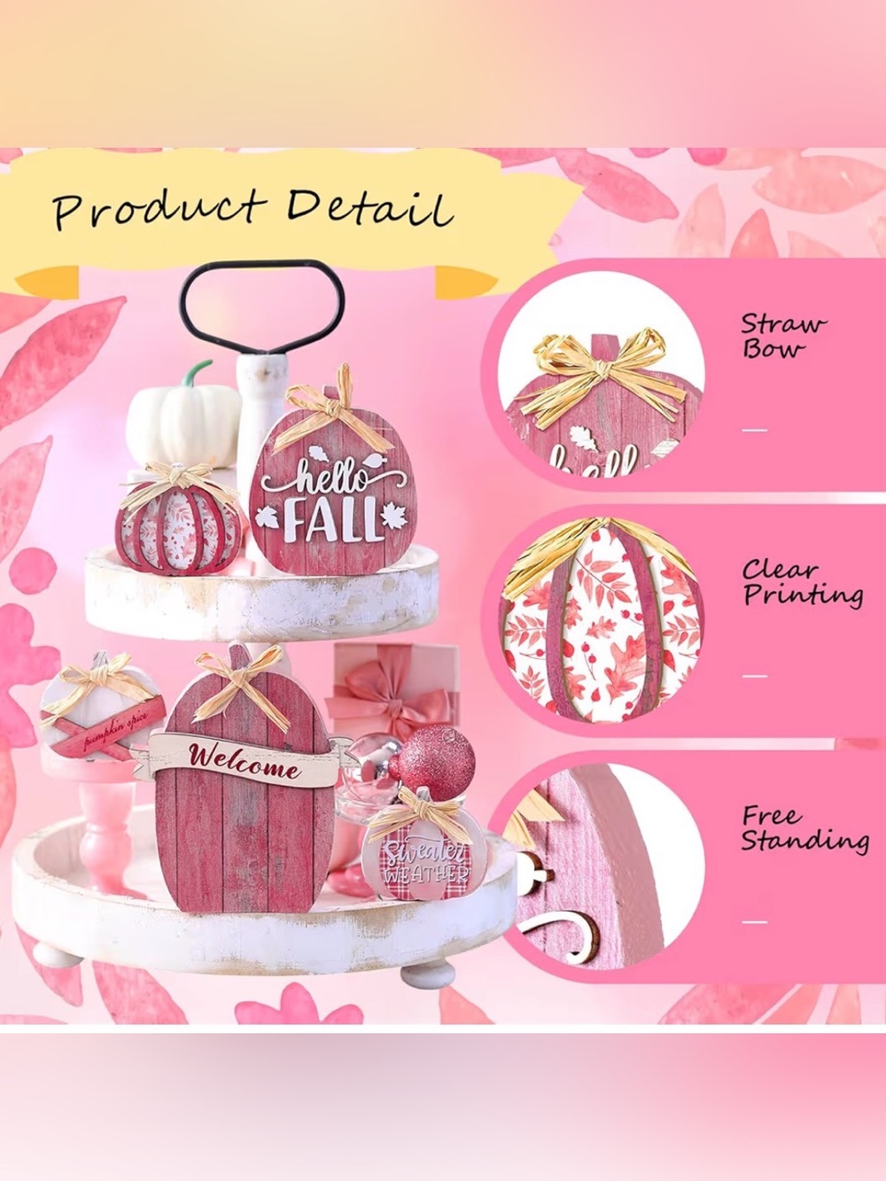 Autumn Pink Pumpkin Table/Tiered Tray Decor - 5 Pc Set - Picture 2 of 4
